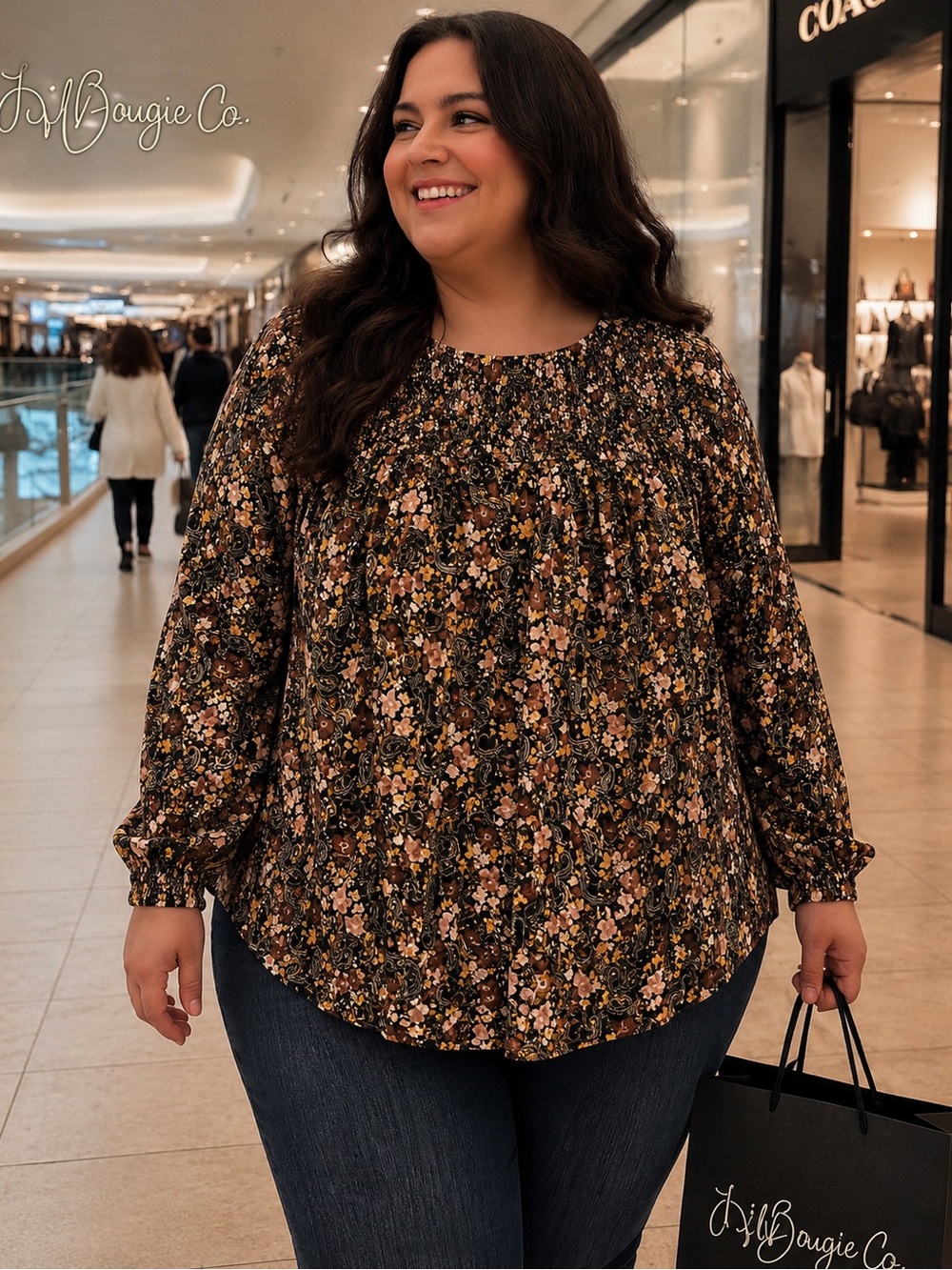 J. Jill Black Floral Peasant Blouse with Rust & Pink Accents| Size L Cottagecore